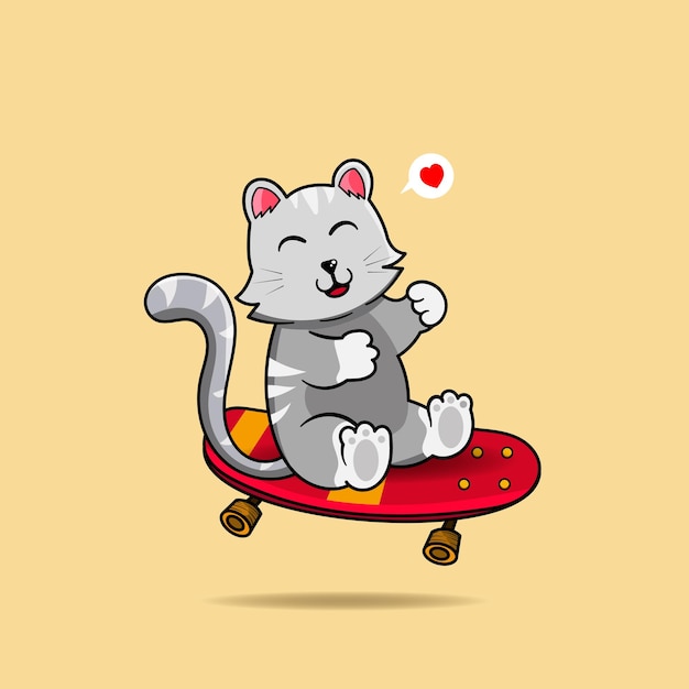 Gato bonito sentado no skate conceito de mascote de personagem animal bonito