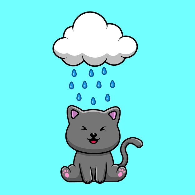 Gato bonito sentado sob a ilustração de ícones vetoriais dos desenhos animados de nuvem de chuva