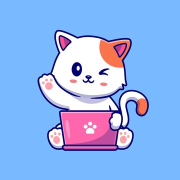 Gato Bonito Do Caráter Com Computador Ou Portátil, Jogo Do Gato