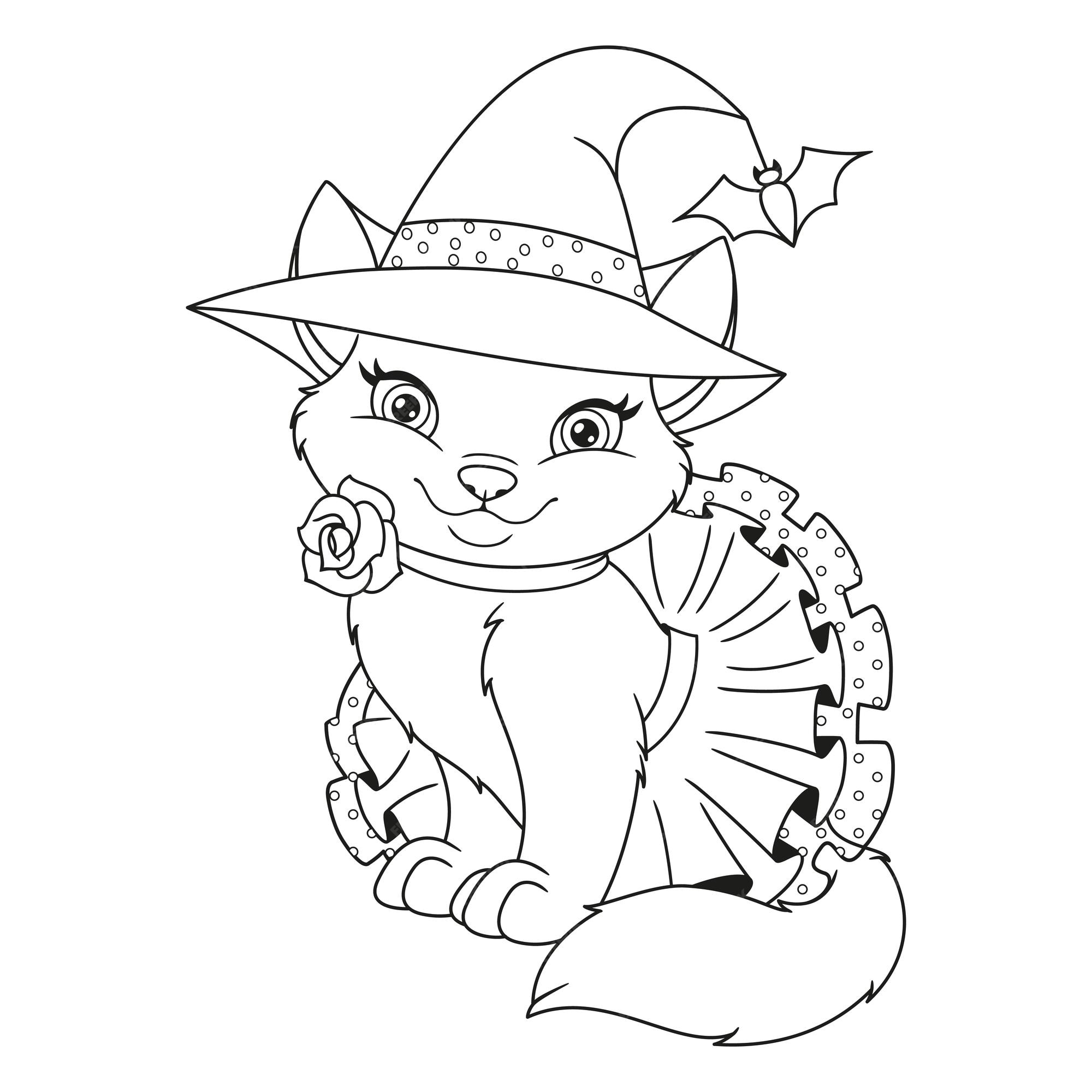 A jovem bruxa e o seu gato - Dia das Bruxas - Coloring Pages for