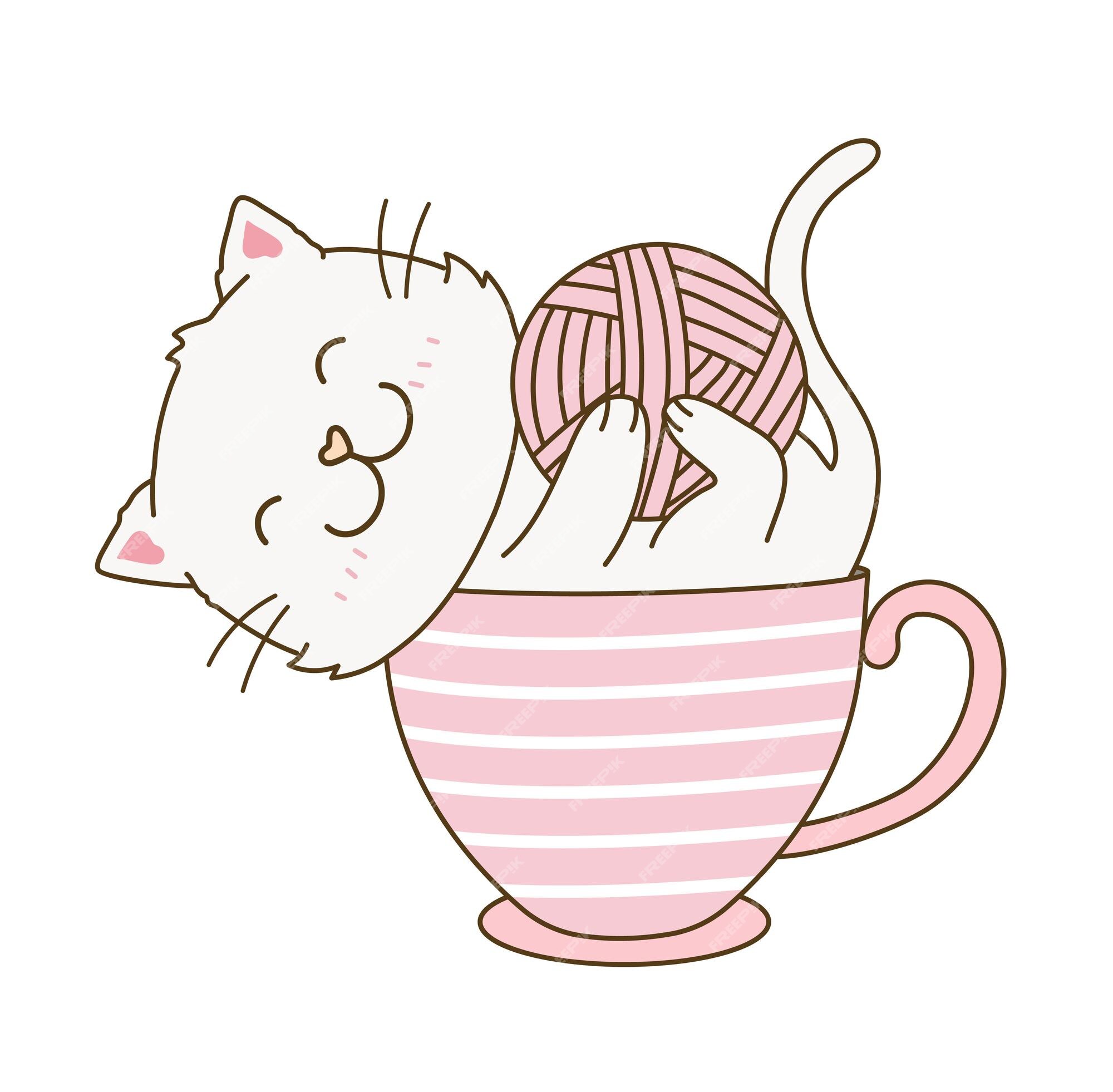 Gatos fofos felizes em uma xícara de café simples ilustração de desenho  animado desenhada à mão