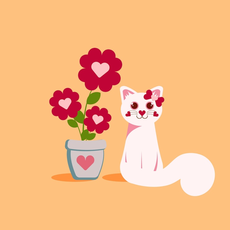 Vetor gato branco bonito com flores em estilo plano isolado em um conceito de amor de ilustração vetorial de fundo amarelo