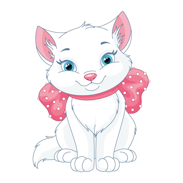 Gato branco bonito com ilustração vetorial de desenho de arco rosa