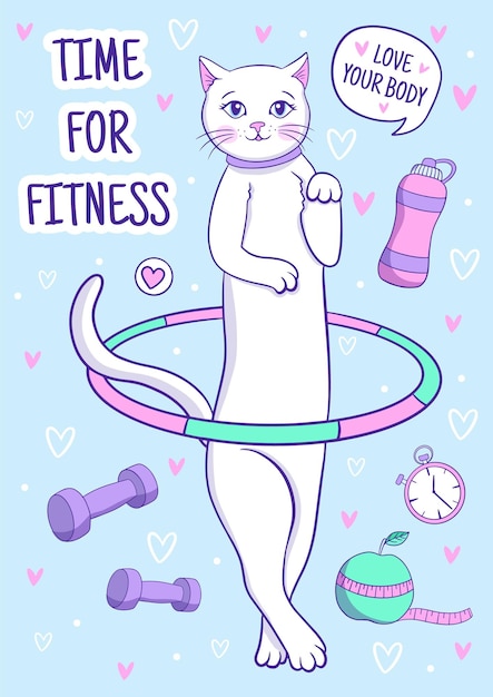 Gato branco bonito gira bambolê, cartão de fitness, motivação esportiva