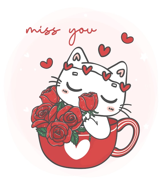 Gato branco bonito kawaii cheirando flores de rosas em caneca vermelha sinto sua falta de você animal de estimação personagem de desenho animado mão desenho ilustração vetor