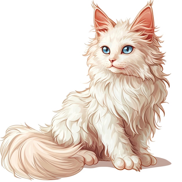 Gato branco com olhos azuis sentado em fundo branco ilustração vetorial