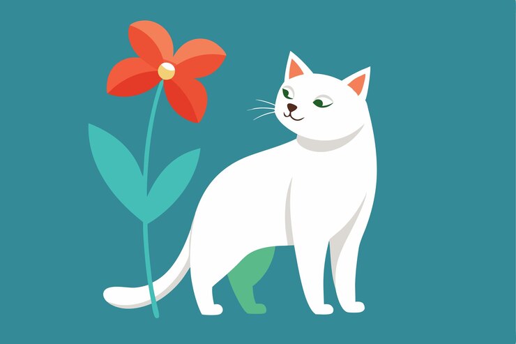 Vetor gato branco e flor no estilo takeshi kitano c