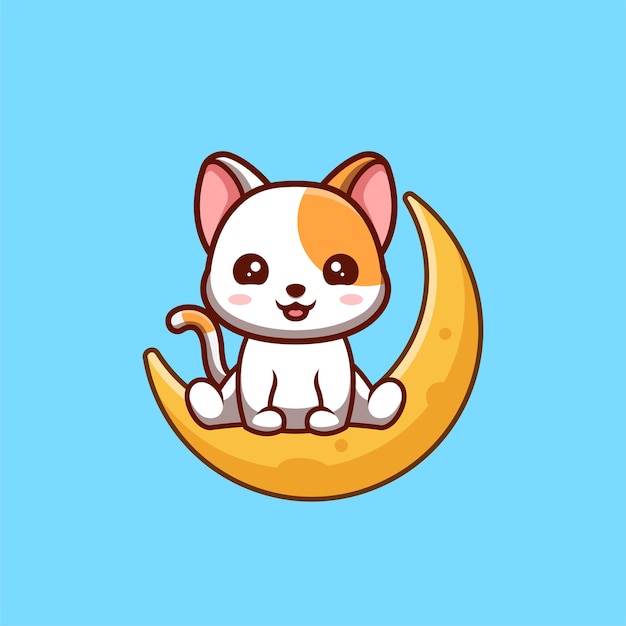 Gato Branco Sentado na Lua Bonito Criativo Kawaii Cartoon Mascote Logotipo