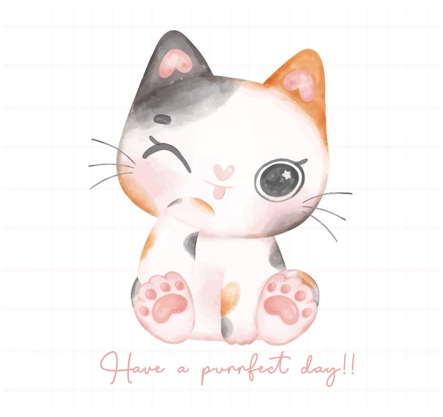 Vetor gato chita fofo lambendo a pata desenho animado ilustração em aquarela banner kawaii brincalhão kitty art