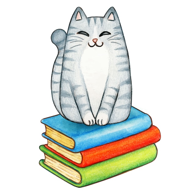 Gato cinza aquarela em uma pilha de livros