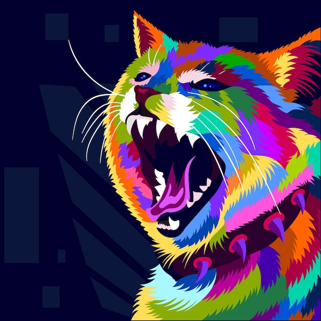 Gato colorido de ilustração com estilo pop art