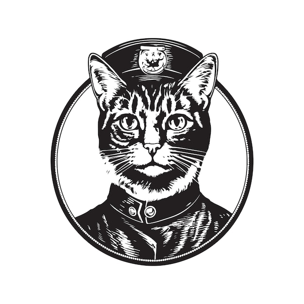 Gato com conceito de logotipo vintage uniforme ilustração desenhada à mão em preto e branco