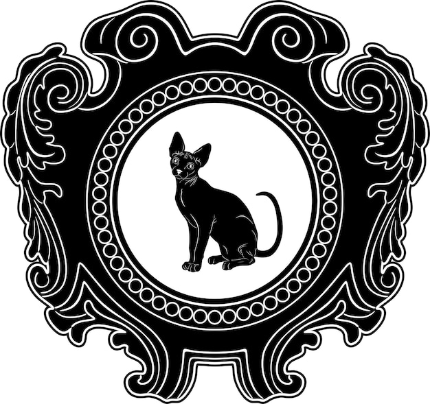 Vetor gato com moldura barroca silhueta artesanal design preto