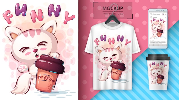 Vetor gato com poster de café e merchandising