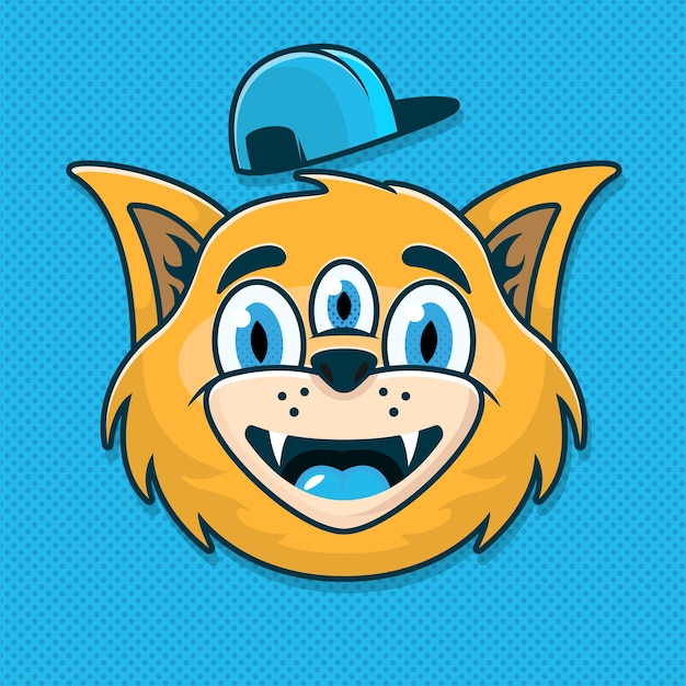 Vetor gato com três olhos e chapéu isolado em azul