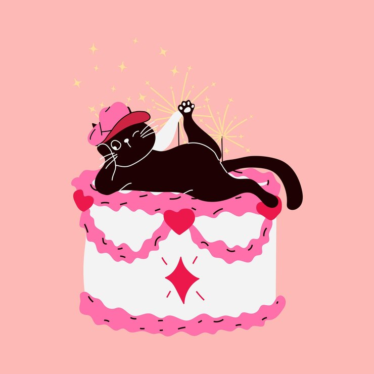 Vetor gato comemorando aniversário em um bolo com faíscas