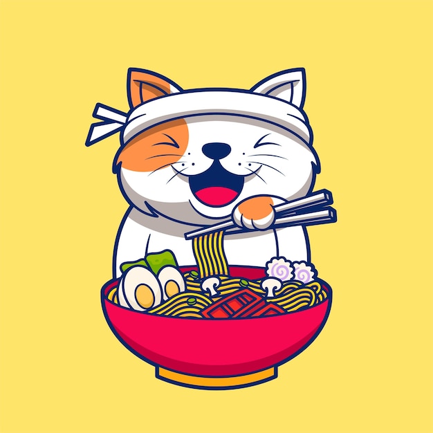 Gato comendo Ramen Vector Cartoon Art ilustração em objeto isolado