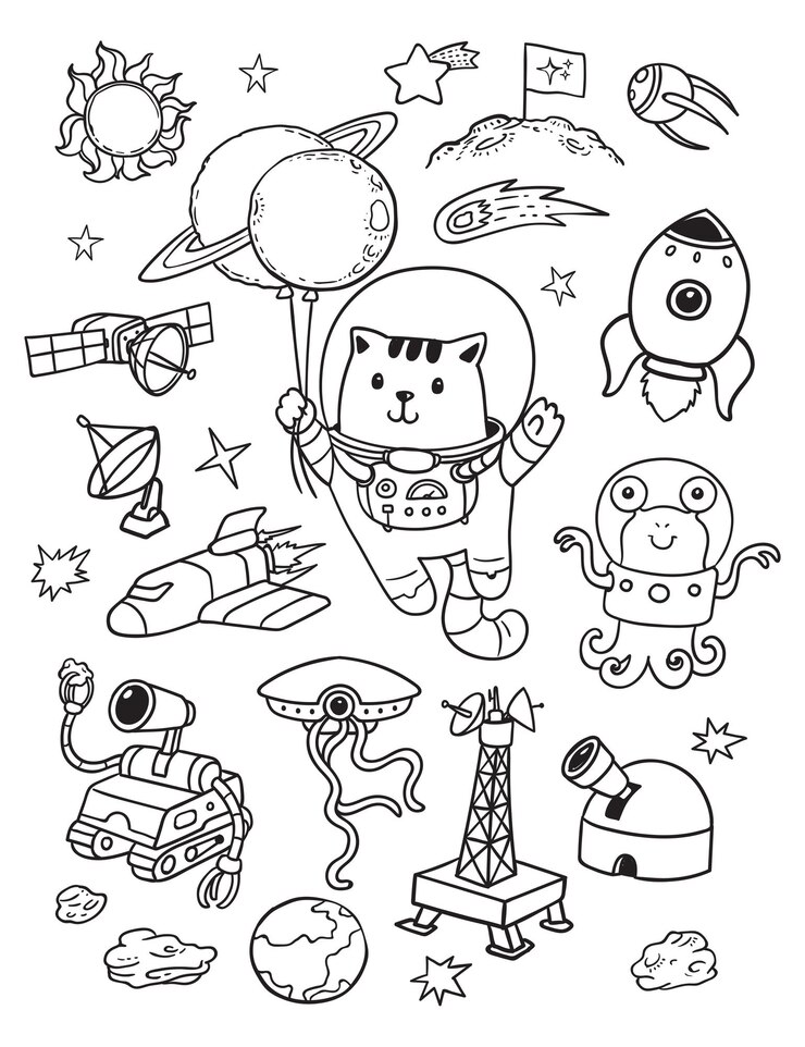 Vetor gato cosmonauta no doodle do espaço
