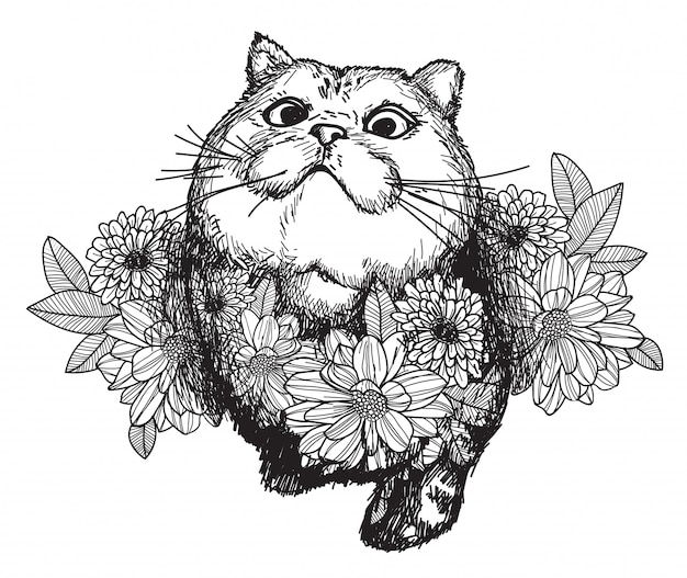 Gato da arte da tatuagem e desenho e esboço da flor com linha ilustração da arte isolada no fundo branco.