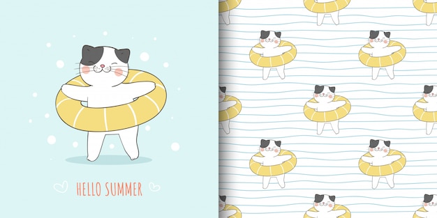 Gato da ilustração e do teste padrão com anel de borracha amarelo para o verão.