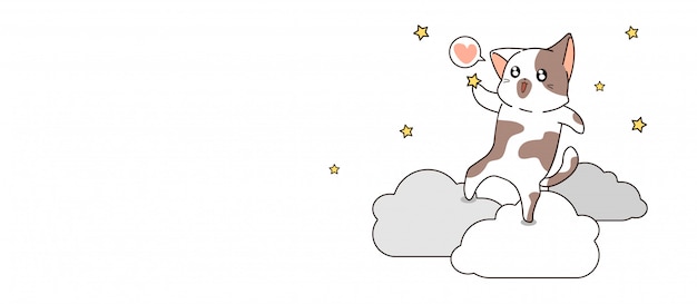 Gato de banner kawaii está pegando estrelas na nuvem