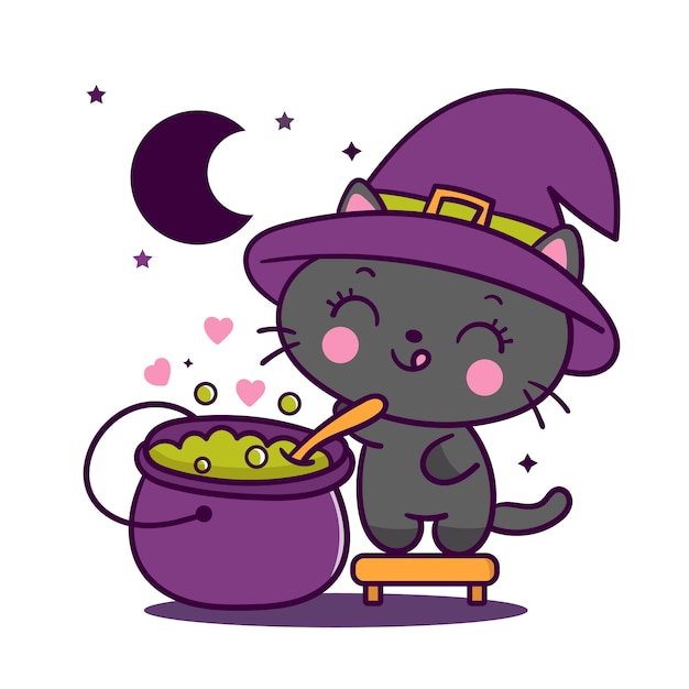 Gato de bruxa kawaii com caldeirão mágico