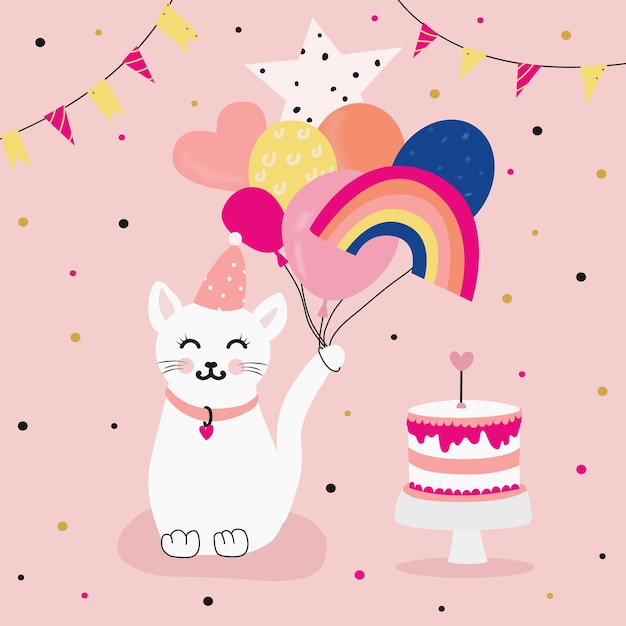 Gato de cartão de feliz aniversário com ilustração vetorial de bolo e balões