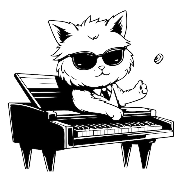 Vetor gato de desenho animado bonito com óculos de sol tocando piano ilustração vetorial