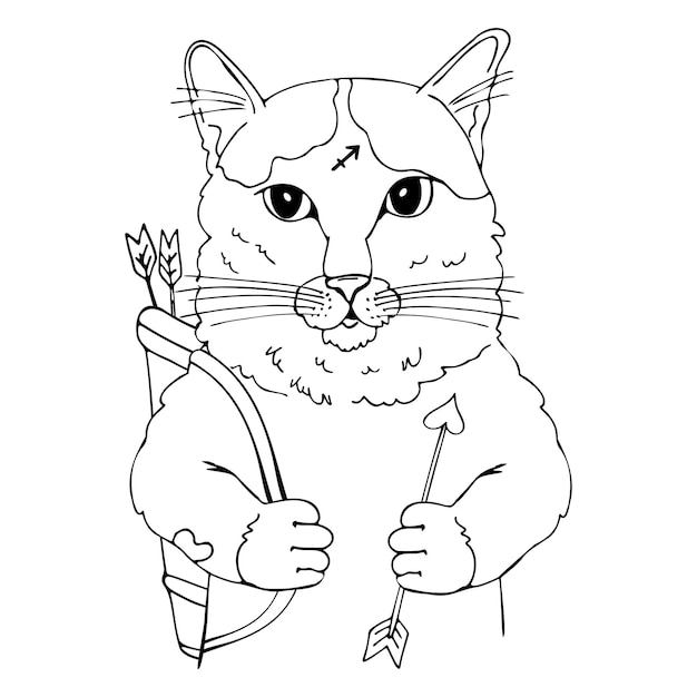 Gato de desenho animado Sagitário agarrando uma flecha com as patas
