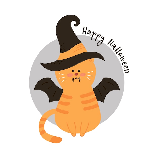 Gato de halloween com chapéu de bruxas contra uma lua cheia com morcegos vampiros.