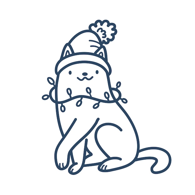 Vetor gato de natal bonito em chapéu de papai noel e guirlanda ilustração de rabisco de mão isolada em um fundo branco