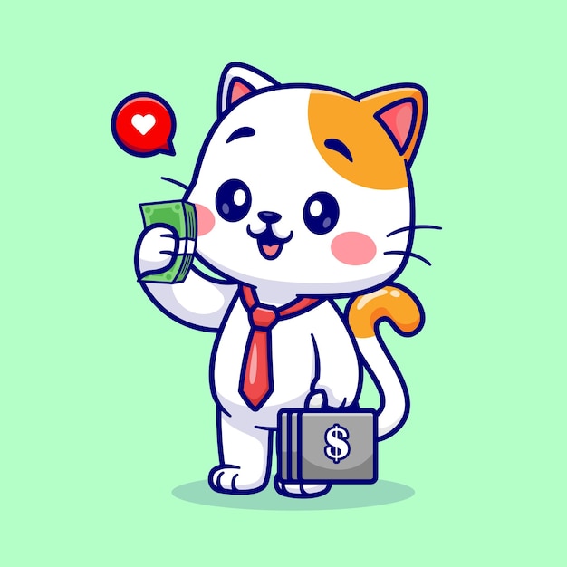 Gato de negócios bonito segurando dinheiro e ilustração de ícone de vetor de desenho de mala. ícone de finanças de animais