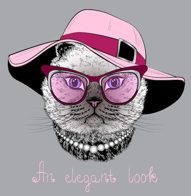 Vetor gato de óculos e chapéu rosa
