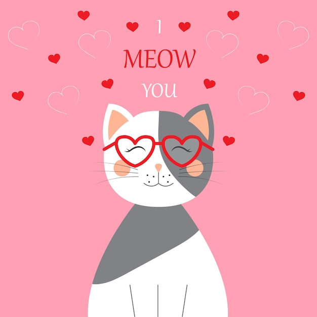 Gato de personagem de desenho animado bonito com a inscrição i meow you dia dos namorados design de cartão ilustração vetorial