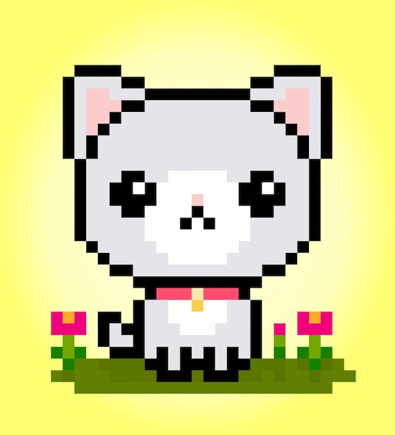 Gato de pixel de 8 bits no jardim animais para ativos de jogos em ilustrações vetoriais