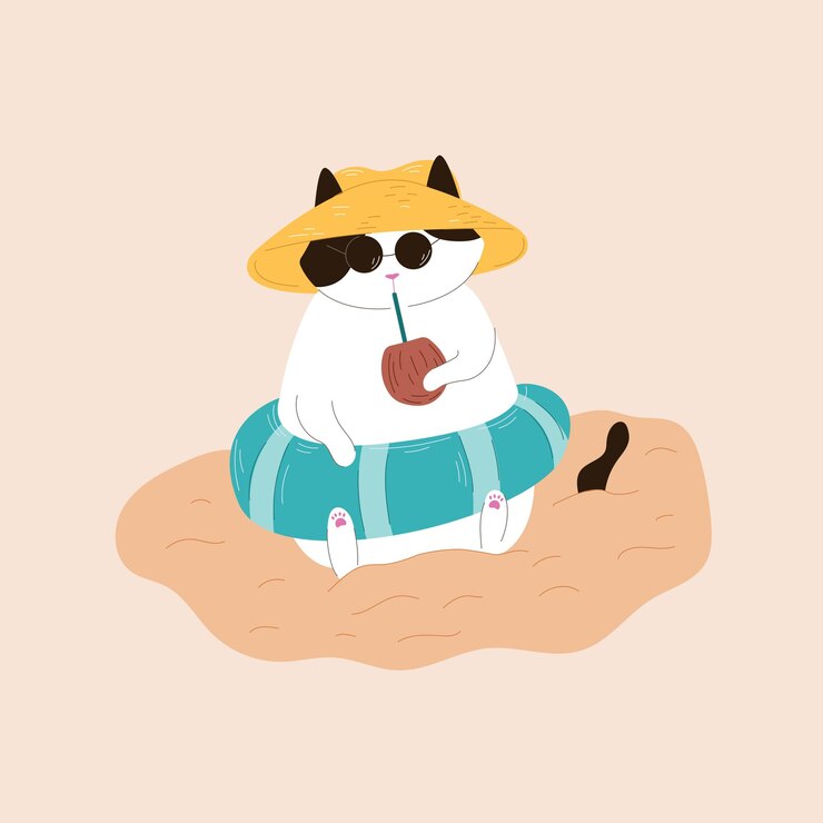 Vetor gato de smoking em um anel inflável senta-se na areia usando óculos de sol um chapéu e bebe um coquetel em
