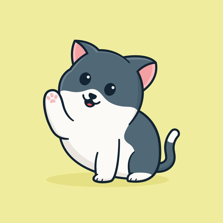 Gato de sorriso diz olá desenho animado