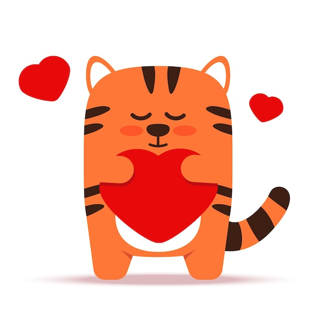 Gato de tigre laranja bonito em um estilo simples o animal em pé com um coração o símbolo do ano novo chinês 2022 para decoração de berçário de banner ilustração vetorial desenhada à mão