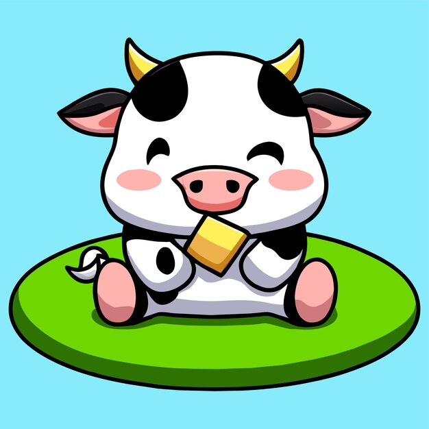 Gato de vaca bonito desenhado à mão plano elegante mascote desenho de personagem de desenho de desenho adesivo conceito de ícone