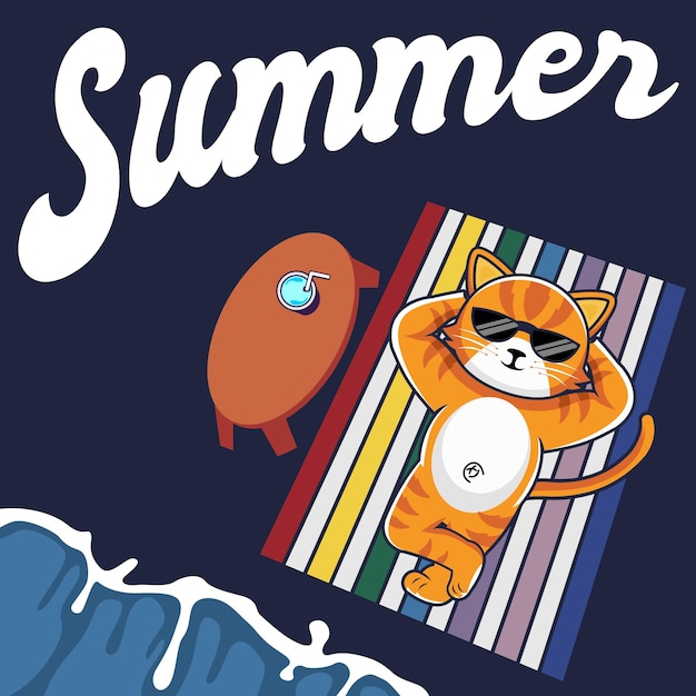 gato deitado na ilustração de desenhos animados de praia