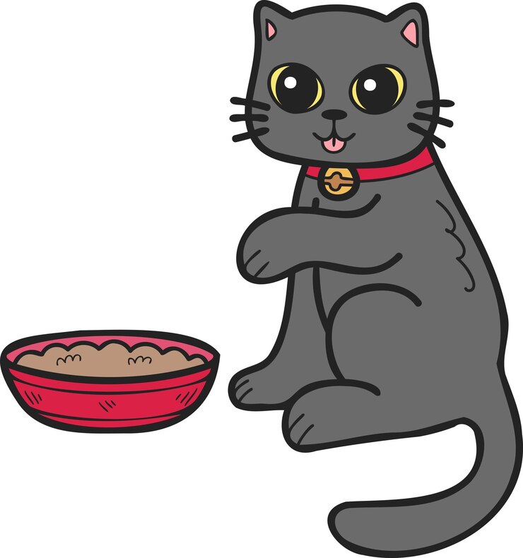 Vetor gato desenhado à mão comendo ilustração de comida no estilo doodle