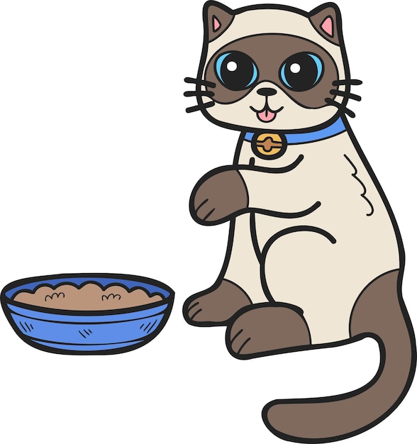 Gato desenhado à mão comendo ilustração de comida no estilo doodle