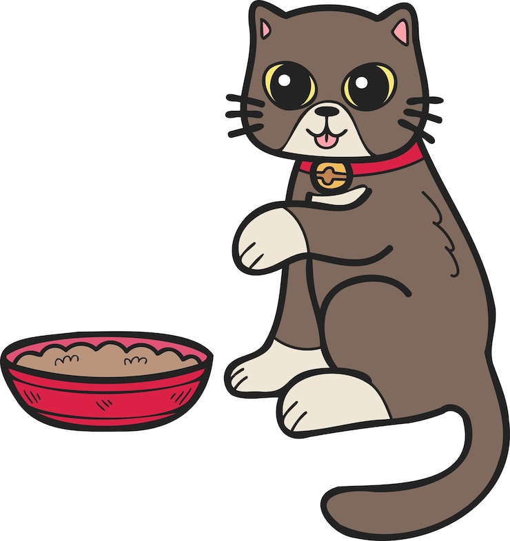 Vetor gato desenhado à mão comendo ilustração de comida no estilo doodle