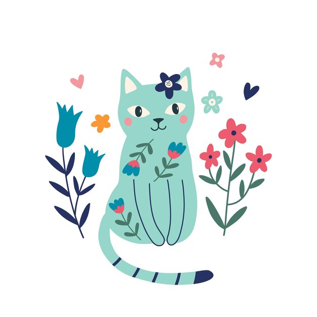 Gato desenhado à mão e flores cute flower cat no estilo cartoon ilustração vetorial isolada