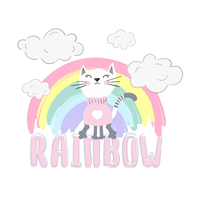 Gato desenhado à mão sentado no arco-íris ilustração vetorial de personagem de desenho animado impressão de design infantil na camiseta