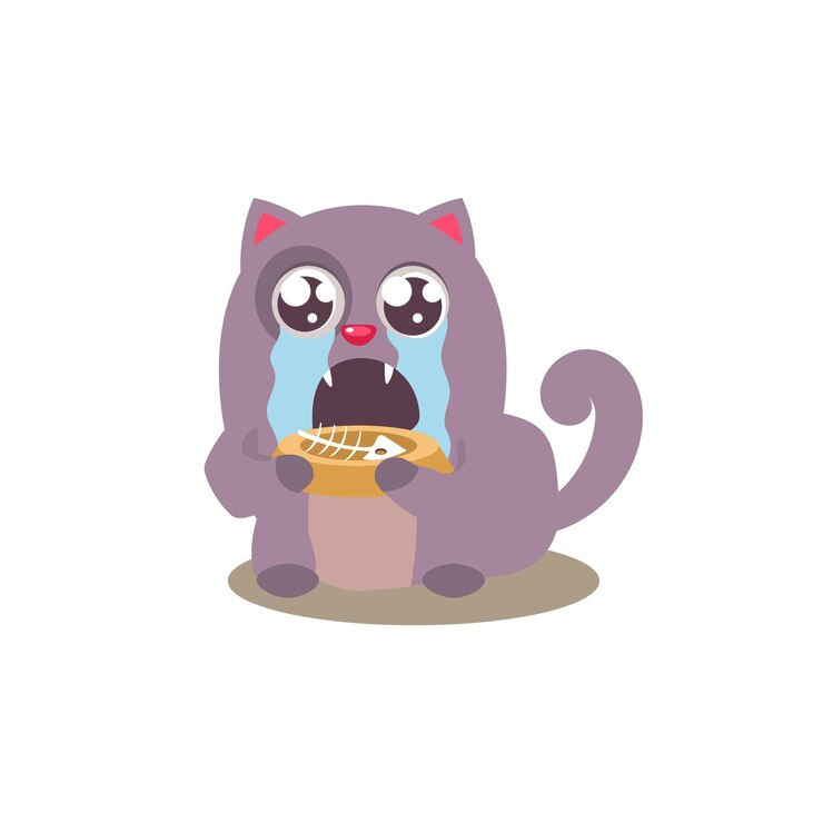 Vetor gato devastado que terminou sua comida adorável emoji vector plano caroon estilo ícone isolado