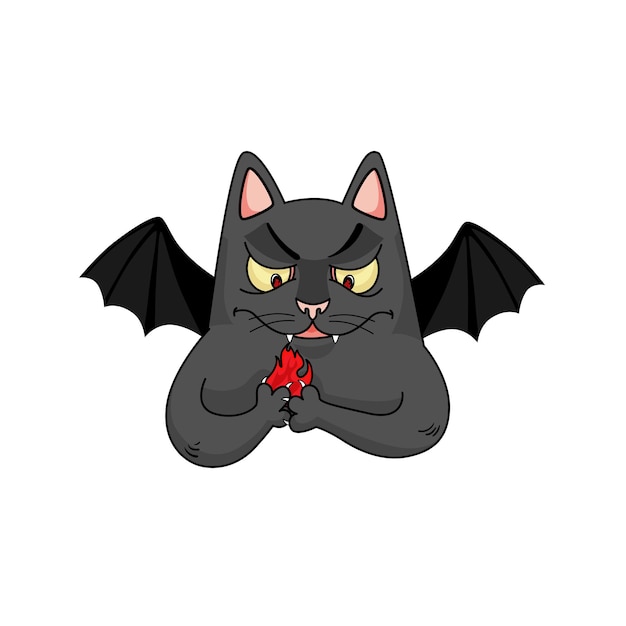 Gato do diabo do vetor com fogo nas patas. Personagem engraçada com asas de morcego. Design de Halloween