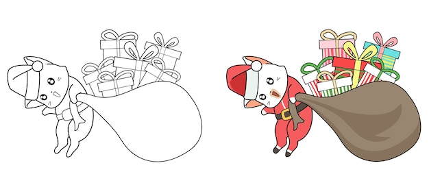 Gato do papai noel com presentes desenhos animados para colorir para crianças