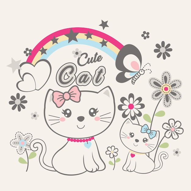 Vetor gato doce decorado com belas ilustrações vetoriais de flores