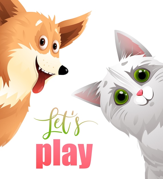 Gato e cachorro brincando juntos. ilustração de personagens domésticos amigáveis